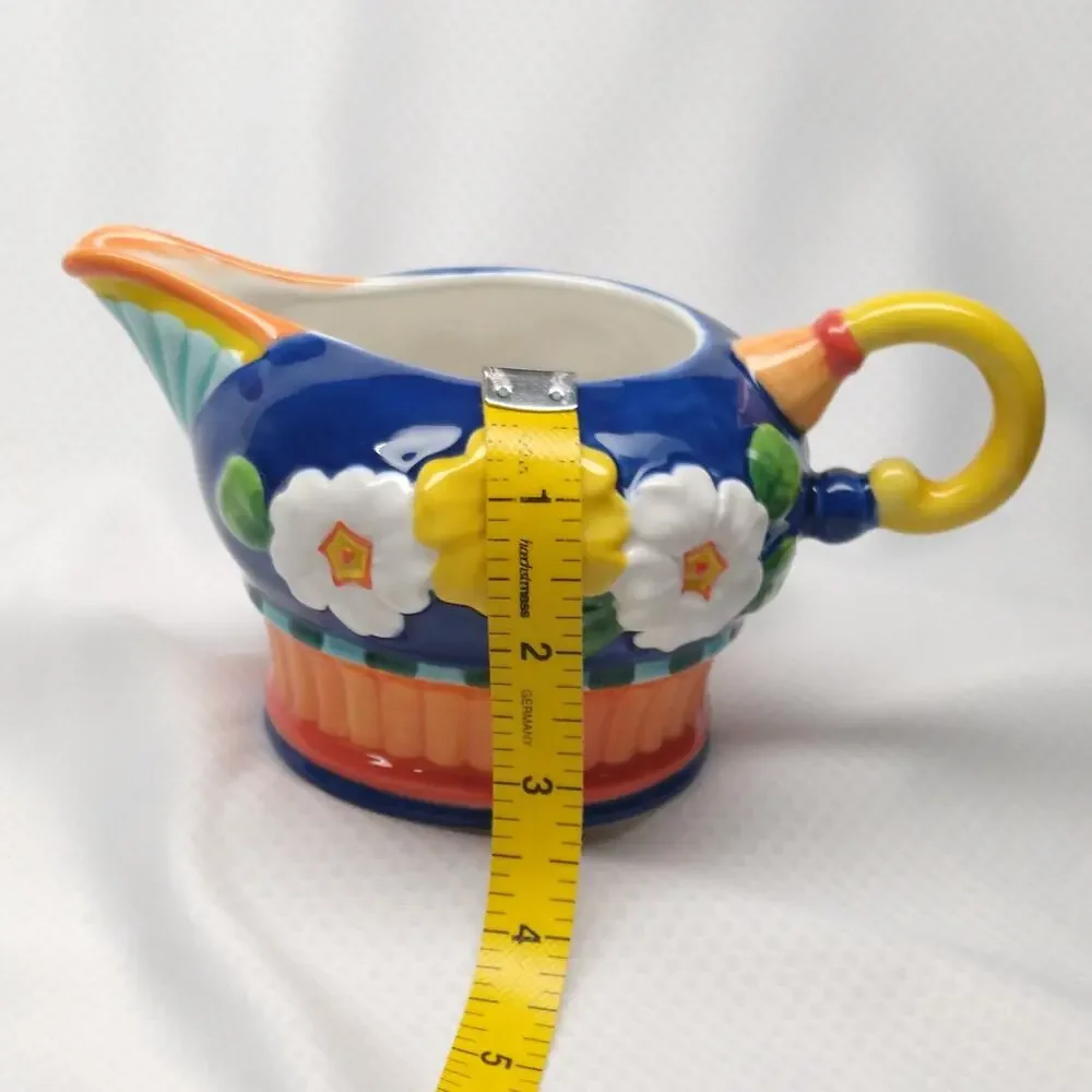 Department 56 Primrose Sugar Creamer Set Floral 3D Blue Yellow 1990s Vintage